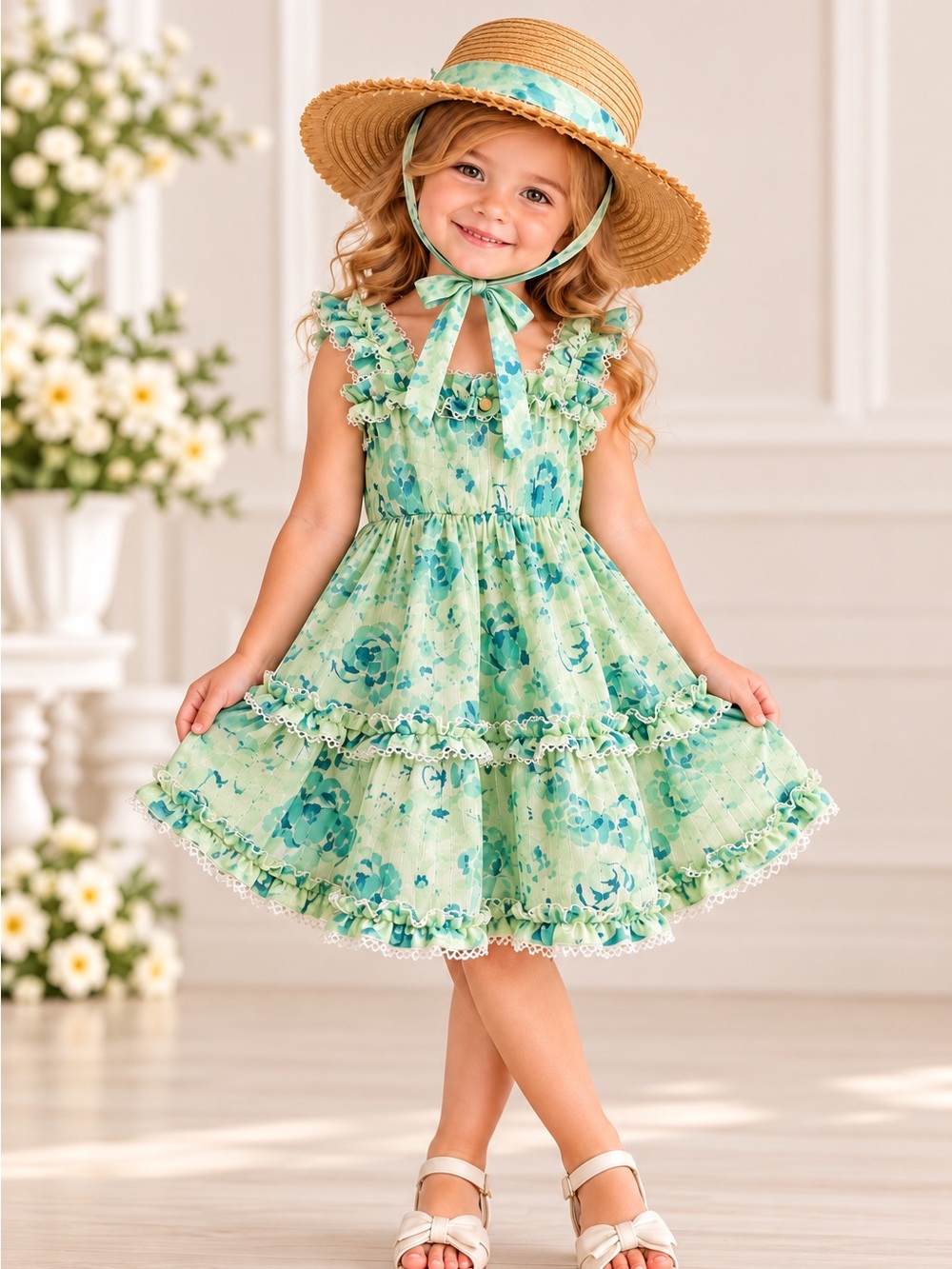 EttaVee Girls 3T Floral Ruffle Dress & Matching Sun Hat NWT